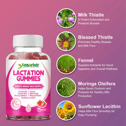 Lactation Gummies – Moringa, Fennel, Milk Thistle, D3 & B12 – 60 Gummies for Breastfeeding & Milk Supply