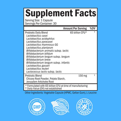 Probiotic 65 Billion with Prebiotic – Digestive Health Capsules (30ct) | Lactobacillus Acidophilus