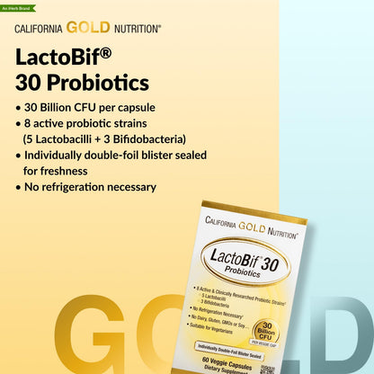 California Gold Nutrition LactoBif® 30 Probiotics – 30 Billion CFU, 60 Veggie Capsules | FloraFIT Probiotics by Danisco