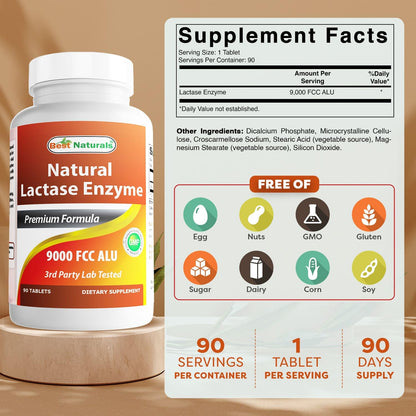 Best Naturals Lactase Enzyme Tablets for Lactose Intolerance - 9000 FCC ALU, 90 Count