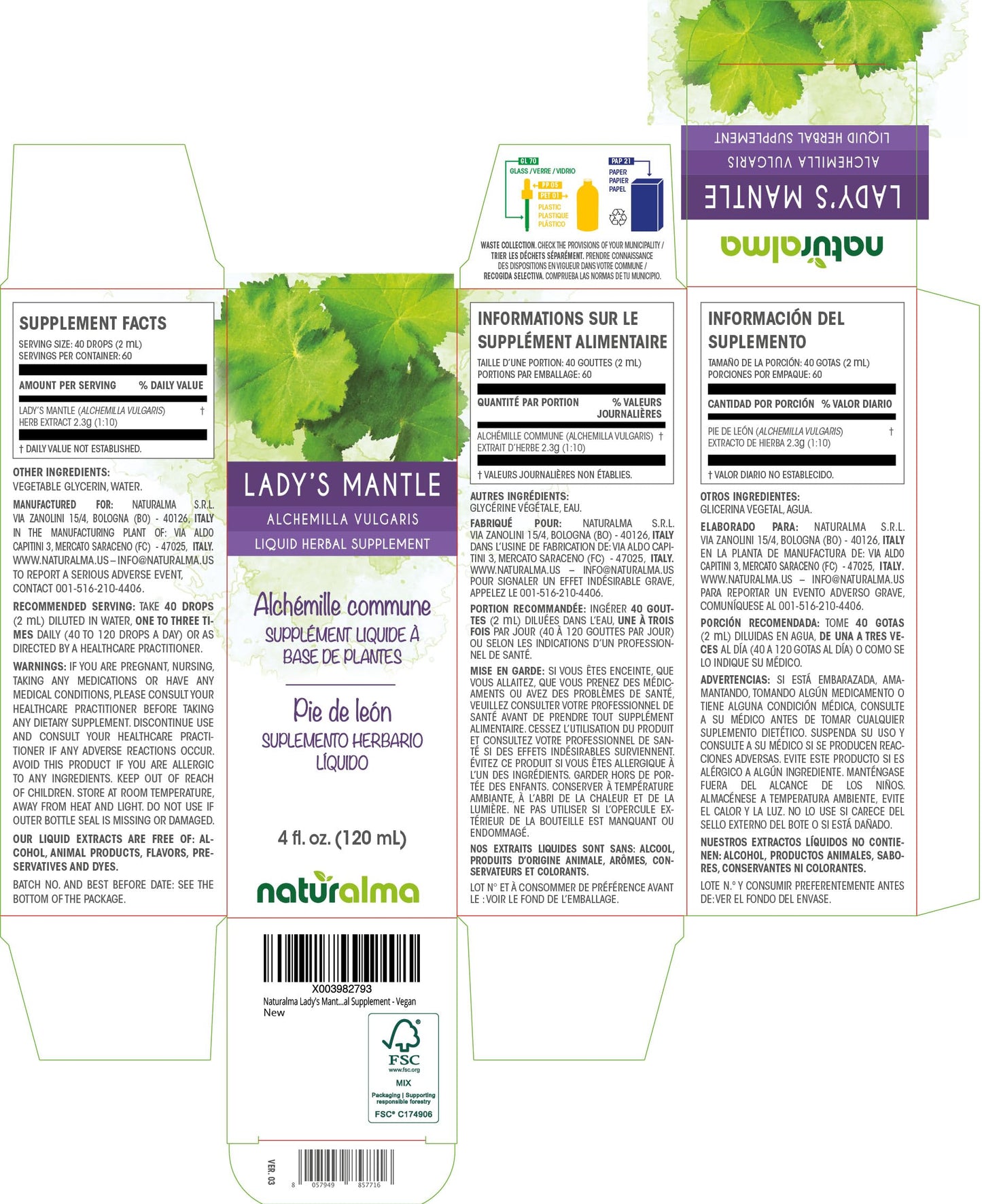 Naturalma Lady's Mantle Tincture 4oz – Alcohol-Free, Vegan, Made in Italy