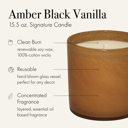 LAFCO New York Signature Candle: Amber Black Vanilla – 15.5 oz, 90-Hour Burn Time, Reusable Hand-Blown Glass Vessel, Made in USA