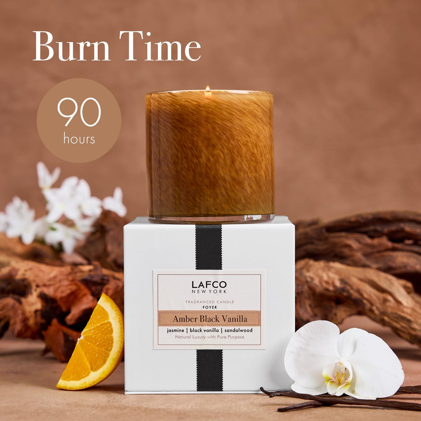 LAFCO New York Signature Candle: Amber Black Vanilla – 15.5 oz, 90-Hour Burn Time, Reusable Hand-Blown Glass Vessel, Made in USA