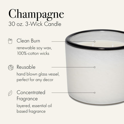 LAFCO New York Champagne 3-Wick Candle – 30 oz, 120-Hour Burn Time, Reusable Hand-Blown Glass Vessel | Made in USA