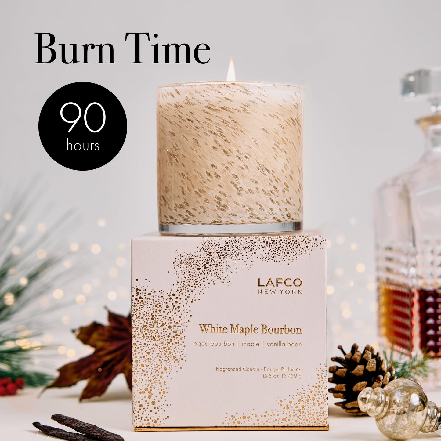 LAFCO New York Holiday Signature Candle – White Maple Bourbon (15.5 oz, 90-Hour Burn) | Reusable Hand-Blown Glass Vessel | Made in USA