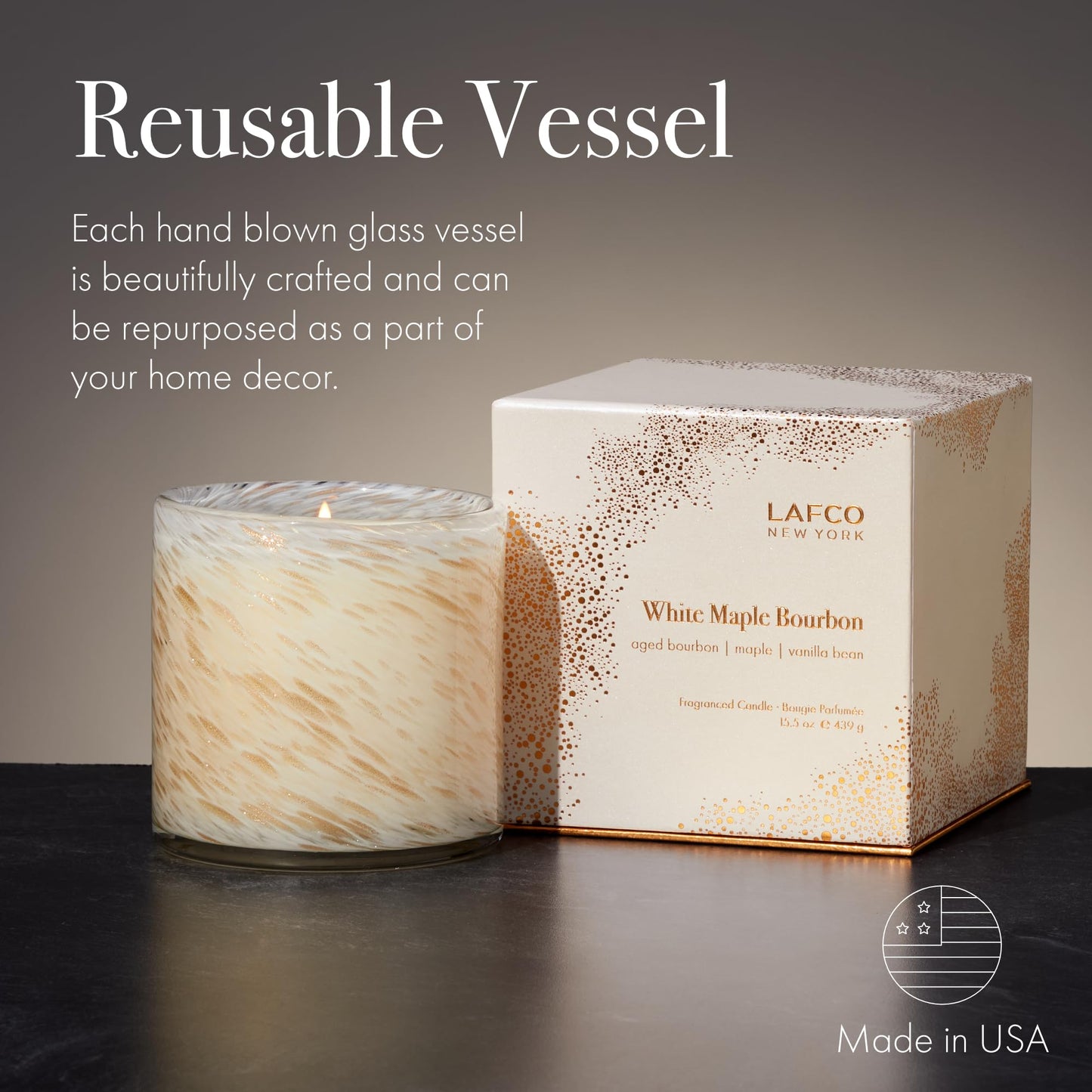 LAFCO New York Holiday Signature Candle – White Maple Bourbon (15.5 oz, 90-Hour Burn) | Reusable Hand-Blown Glass Vessel | Made in USA