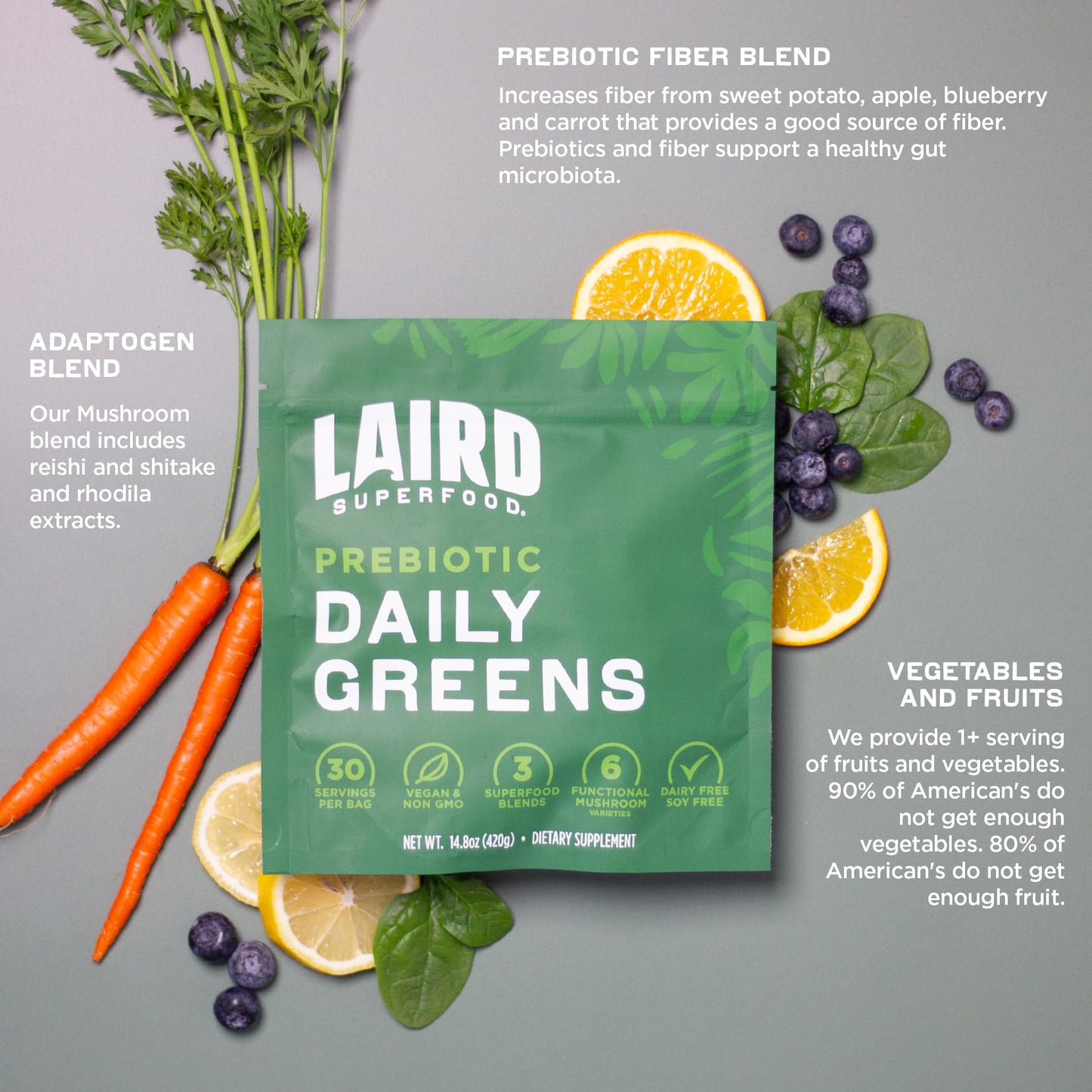Laird Superfood Prebiotic Daily Greens – 15 Sachets – Vegan & Non-GMO