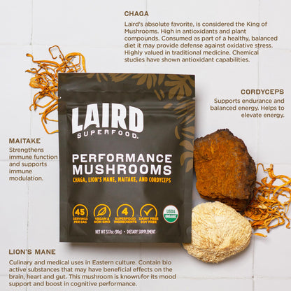 Laird Superfood Organic Performance Mushroom Blend – Chaga, Cordyceps, Lion's Mane & Maitake (3.17 oz)