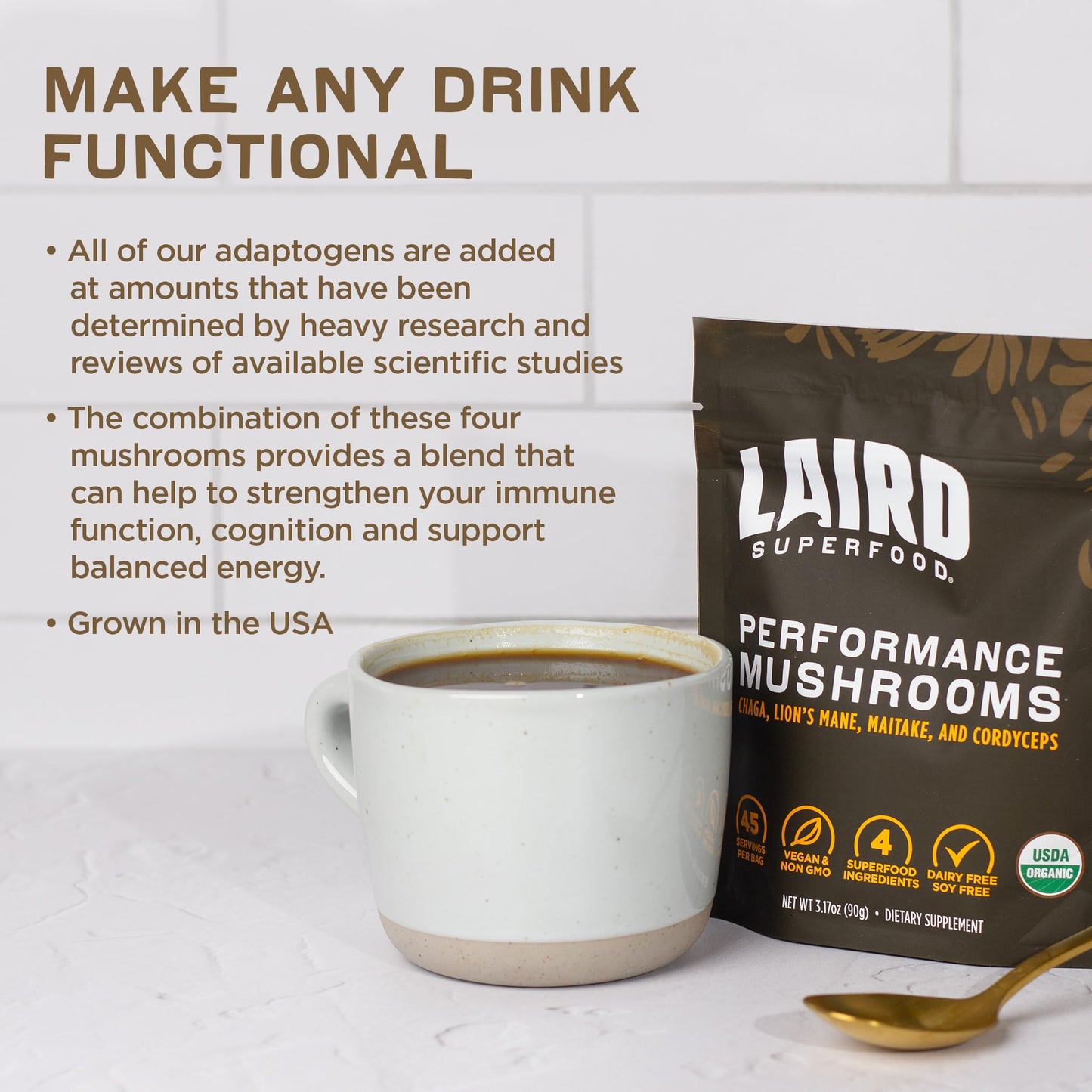 Laird Superfood Organic Performance Mushroom Blend – Chaga, Cordyceps, Lion's Mane & Maitake (3.17 oz)