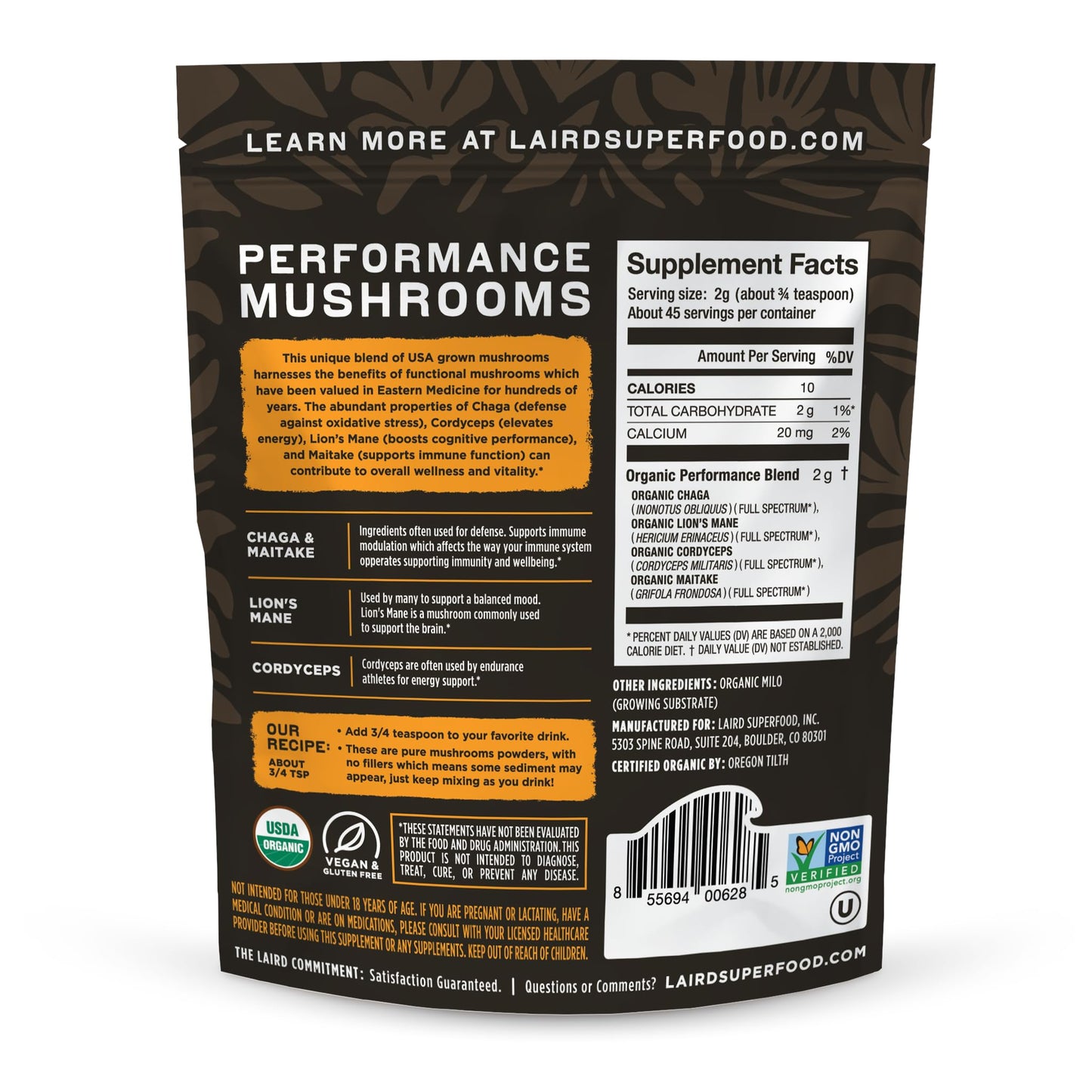Laird Superfood Organic Performance Mushroom Blend – Chaga, Cordyceps, Lion's Mane & Maitake (3.17 oz)