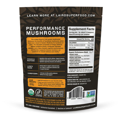 Laird Superfood Organic Performance Mushroom Blend – Chaga, Cordyceps, Lion's Mane & Maitake (3.17 oz)
