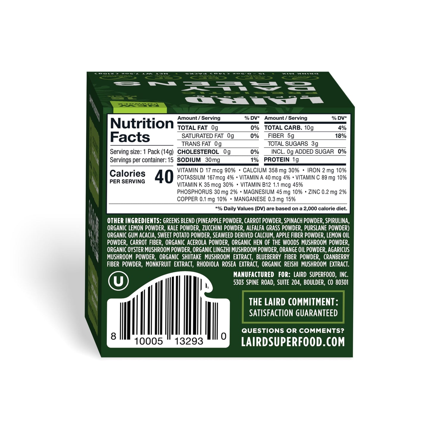 Laird Superfood Prebiotic Daily Greens – 15 Sachets – Vegan & Non-GMO