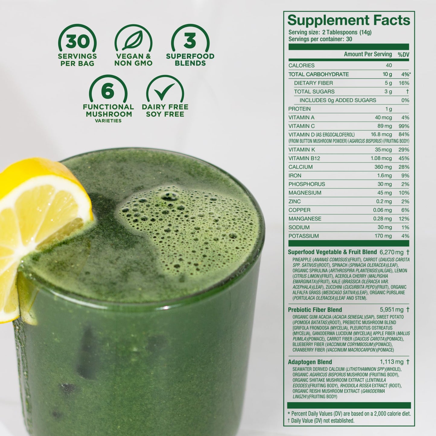Laird Superfood Prebiotic Daily Greens Powder – Essential Vitamins & Minerals, Prebiotic Fiber, Adaptogen & Fruits & Vegetables – Non-GMO, Vegan, 14.8 oz