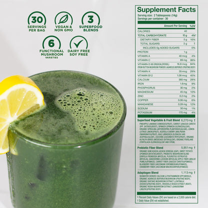 Laird Superfood Prebiotic Daily Greens Powder – Essential Vitamins & Minerals, Prebiotic Fiber, Adaptogen & Fruits & Vegetables – Non-GMO, Vegan, 14.8 oz