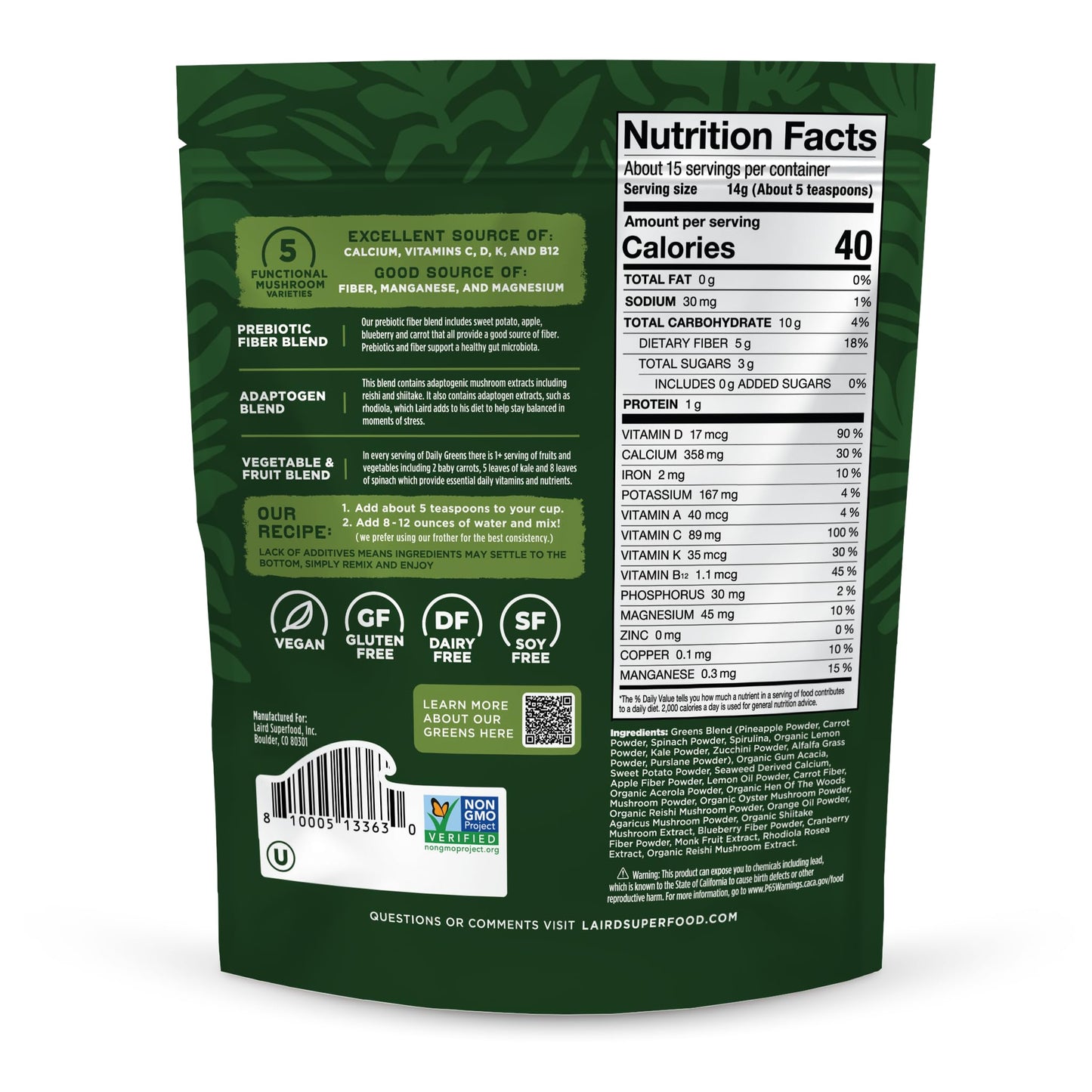 Laird Superfood Prebiotic Daily Greens Powder – 7.8 oz Bag | Vegan, Non-GMO