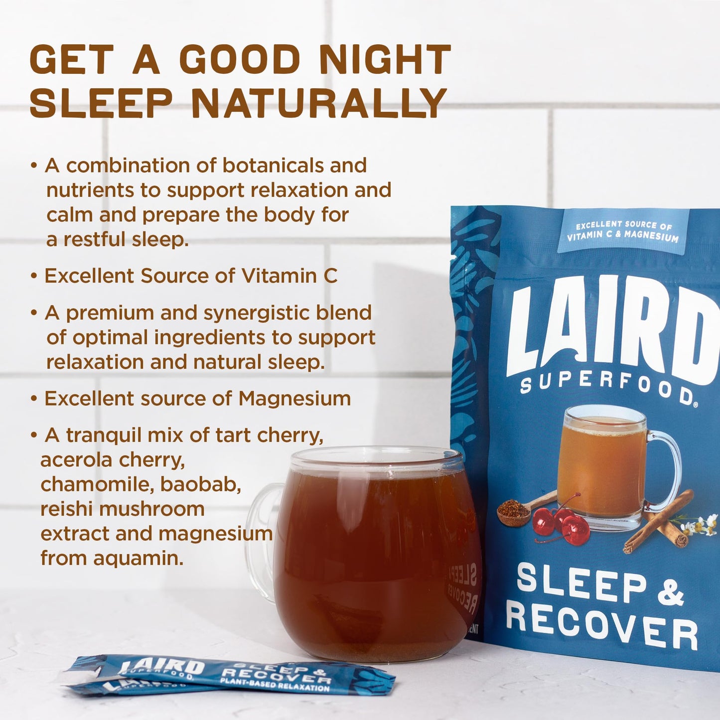 Laird Sleep & Recover Bedtime Drink Mix – Tart Cherry & Chamomile, 0.3 oz Pack of 10