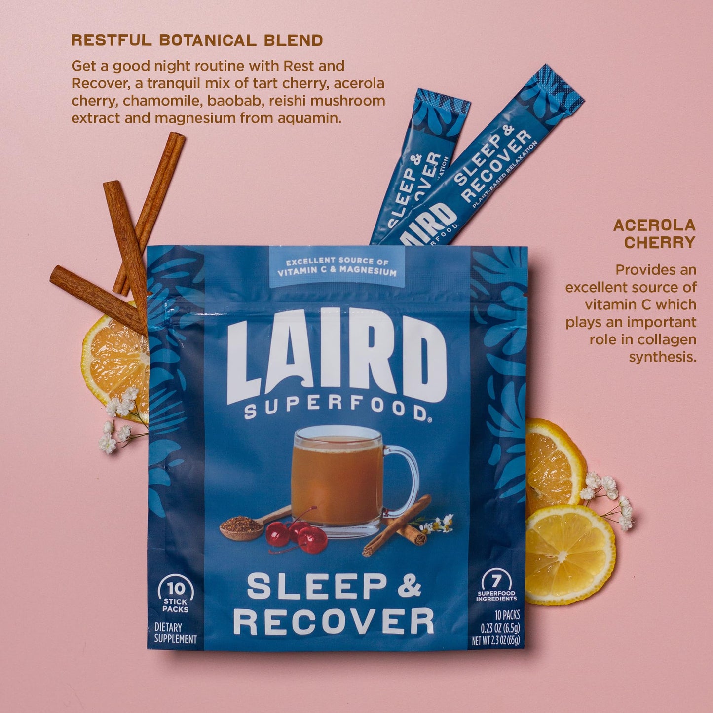 Laird Sleep & Recover Bedtime Drink Mix – Tart Cherry & Chamomile, 0.3 oz Pack of 10