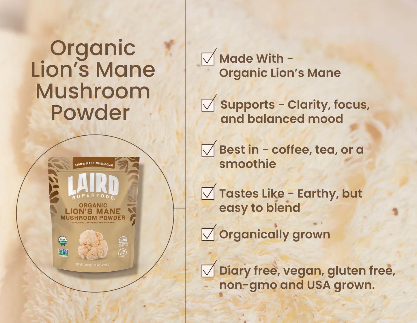 Laird Superfood Organic Lion's Mane Mushroom Powder – Cognitive Function & Immune Support, 3.17 oz Bag