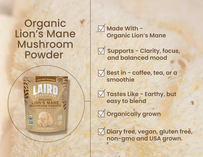 Laird Superfood Organic Lion's Mane Mushroom Powder – Cognitive Function & Immune Support, 3.17 oz Bag