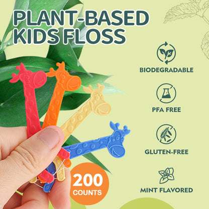 Lakeyface 200 Count Biodegradable Kids Flossers | Eco Friendly Plant-Based Floss Picks, Giraffe Design, No Fluoride, BPA Free