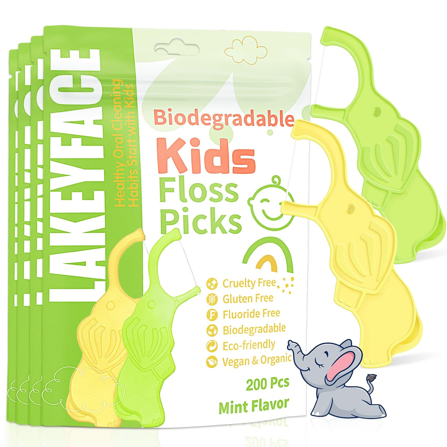 Lakeyface Biodegradable Kids Flossers – Elephant Design, Mint, BPA Free, Pack of 4