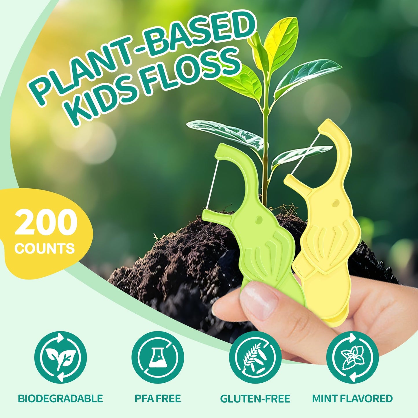 Lakeyface Biodegradable Kids Flossers – Elephant Design, Mint, BPA Free, Pack of 4