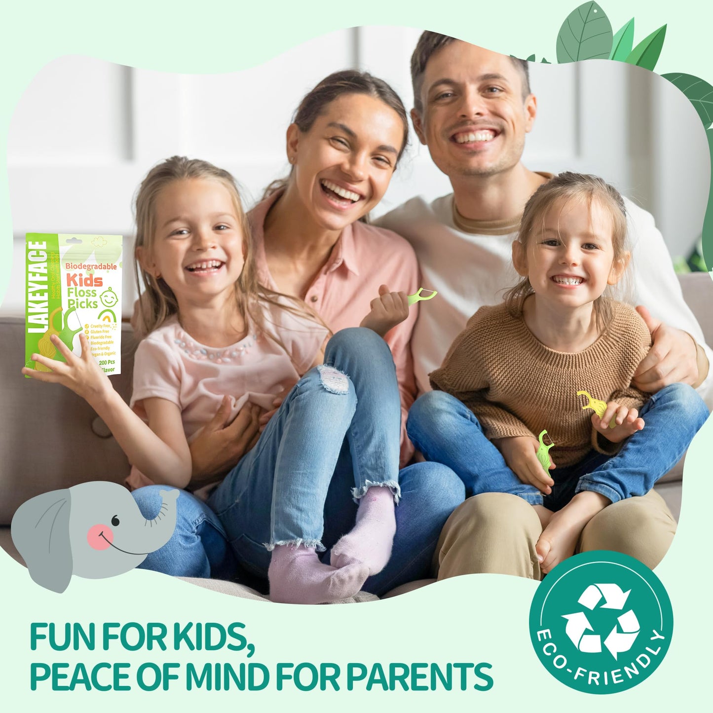 Lakeyface Biodegradable Kids Flossers – Elephant Design, Mint, BPA Free, Pack of 4