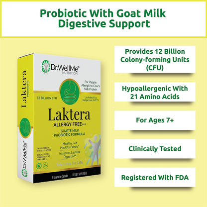 Dr. WellMe Laktera Allergy-Free Probiotics – 30 Caps, Goat Milk Formula, 12B CFU, Immune & Gut Health, Low Lactose, Gluten-Free