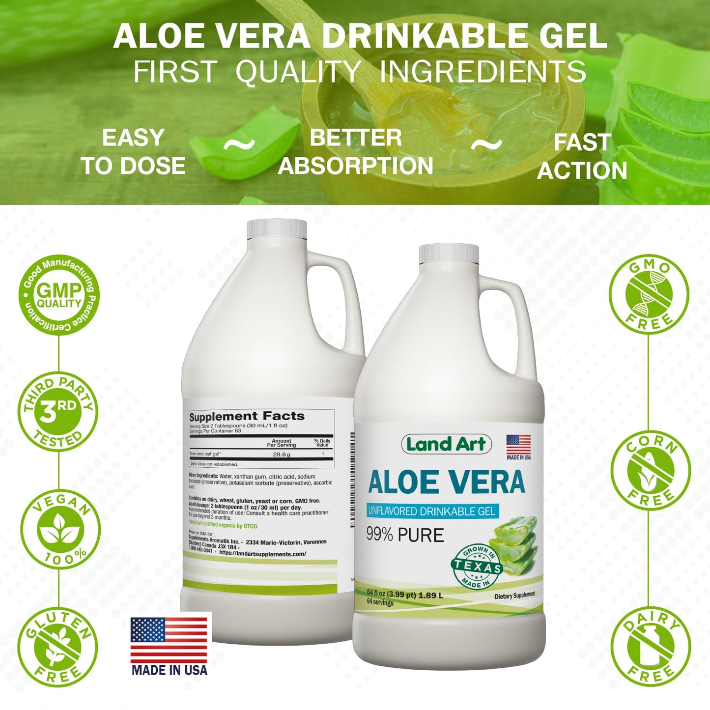 Land Art Organic Aloe Vera Drinkable Gel – 99.7% Pure, Cold-Processed, Digestive Support (64 oz x 2)