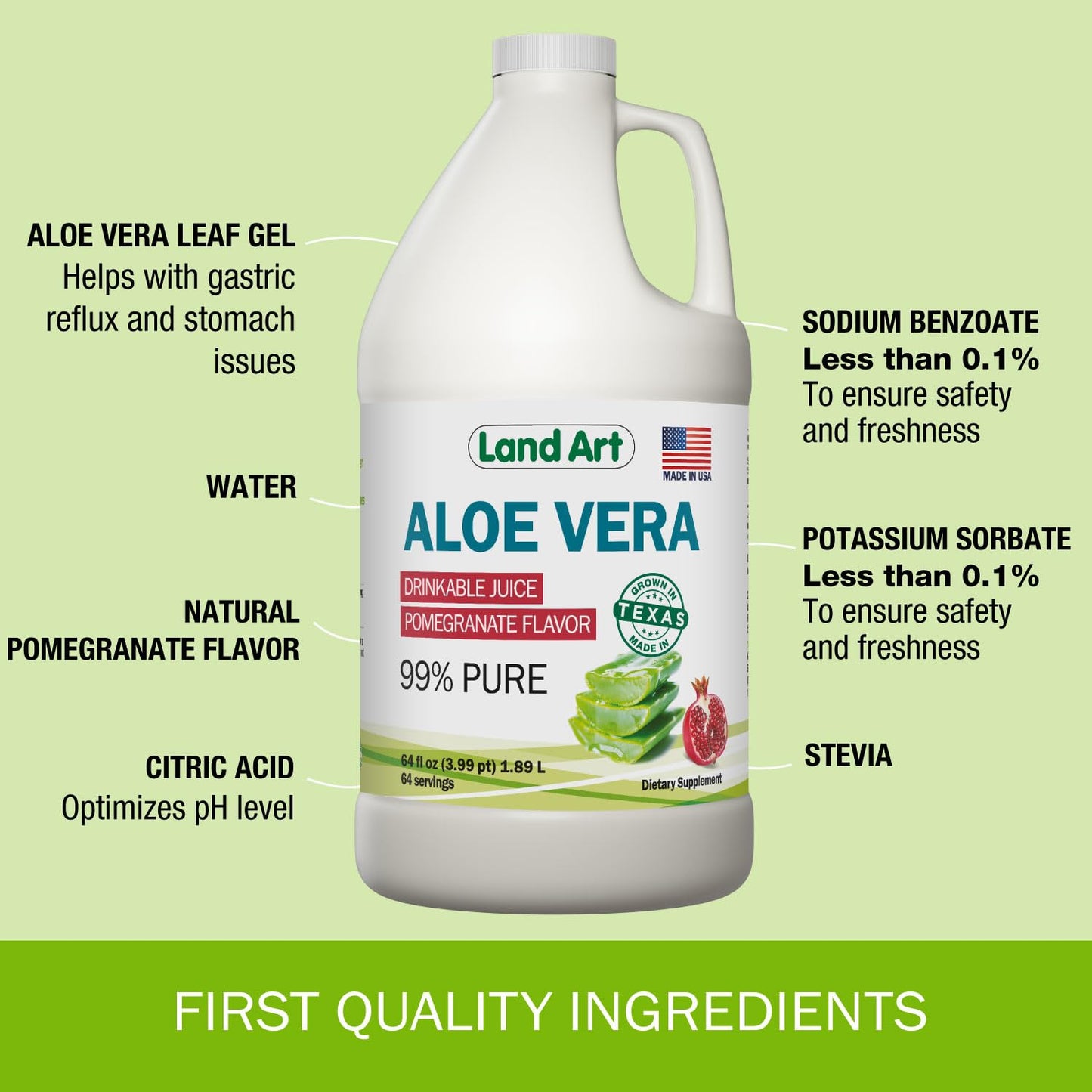 Land Art Pure Aloe Vera Juice - Pomegranate Flavored - Cold-Processed - 64 fl oz