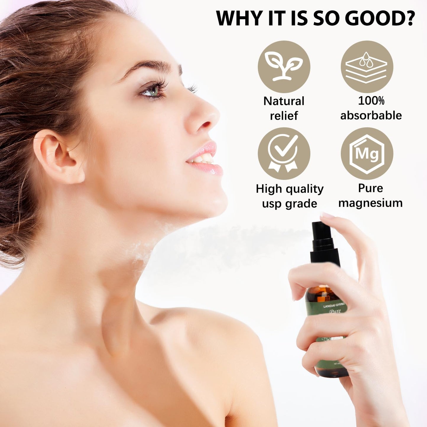 LANDAI QYING Pure Magnesium Oil Spray, Organic Natural Magnesium Oil for Feet, Easy to Absorb Mg Spray for Feet, Body and Skin, Muscle Support, 60ml/2 fl oz