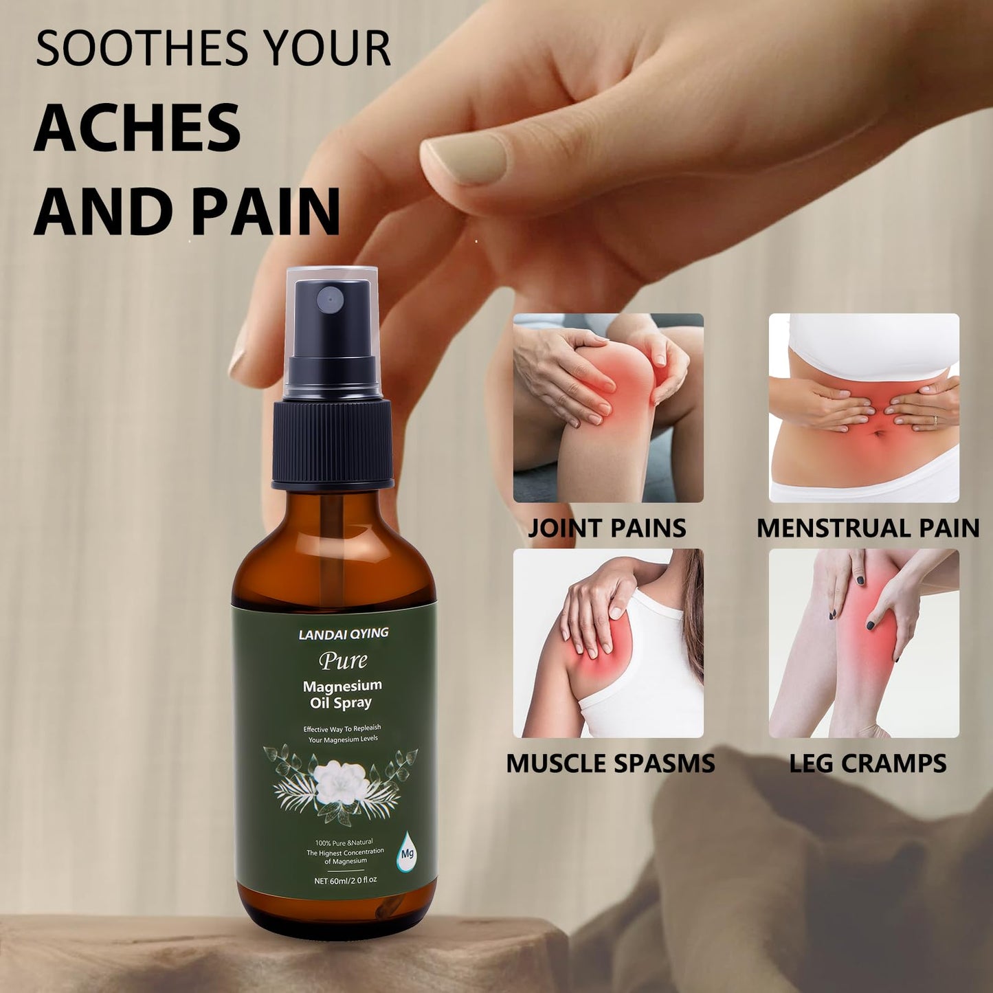 LANDAI QYING Pure Magnesium Oil Spray, Organic Natural Magnesium Oil for Feet, Easy to Absorb Mg Spray for Feet, Body and Skin, Muscle Support, 60ml/2 fl oz