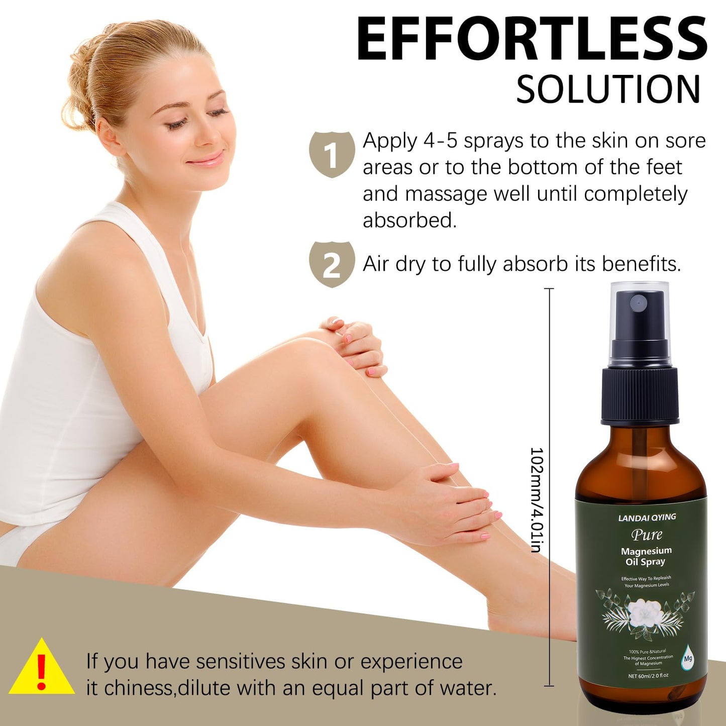 LANDAI QYING Pure Magnesium Oil Spray, Organic Natural Magnesium Oil for Feet, Easy to Absorb Mg Spray for Feet, Body and Skin, Muscle Support, 60ml/2 fl oz