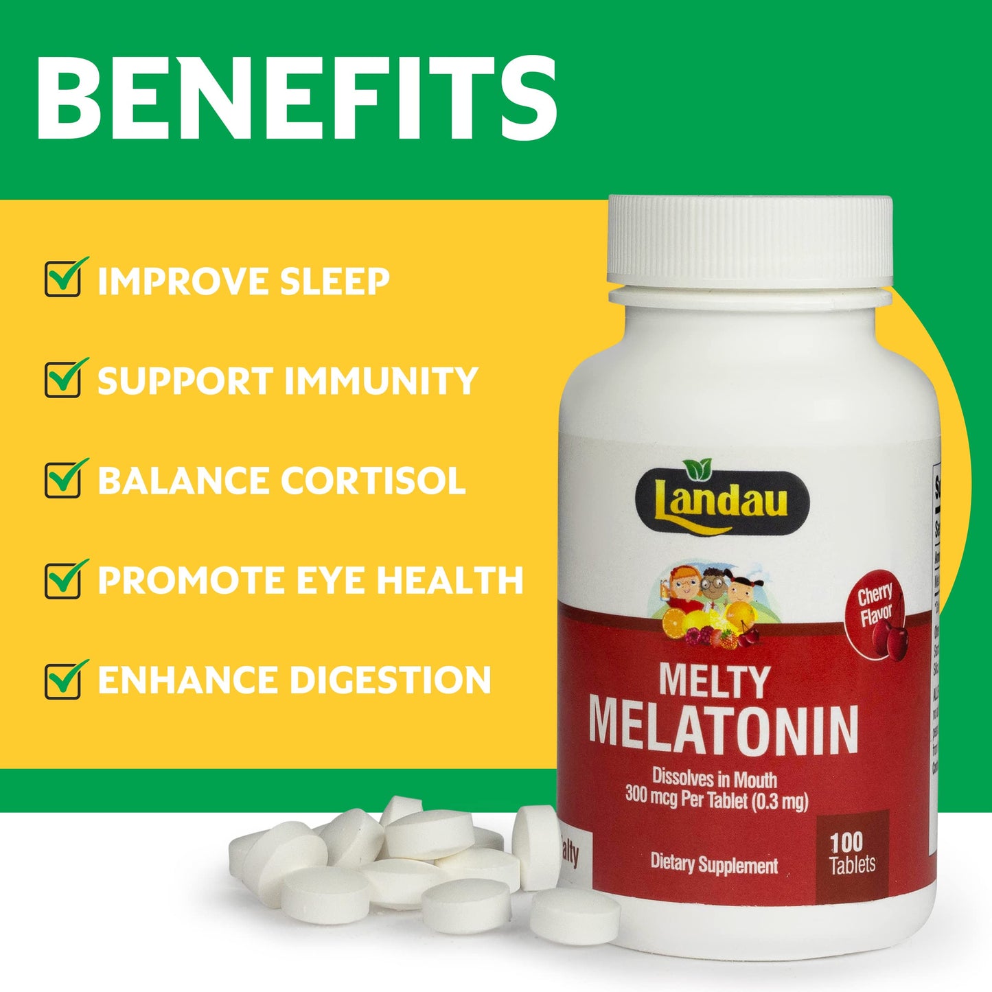 Landau Melty Melatonin 0.3mg (300mcg) Cherry – 250 Tablets | Made in USA, Kosher