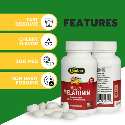 Landau Melty Melatonin 0.3mg (300mcg) Cherry – 250 Tablets | Made in USA, Kosher