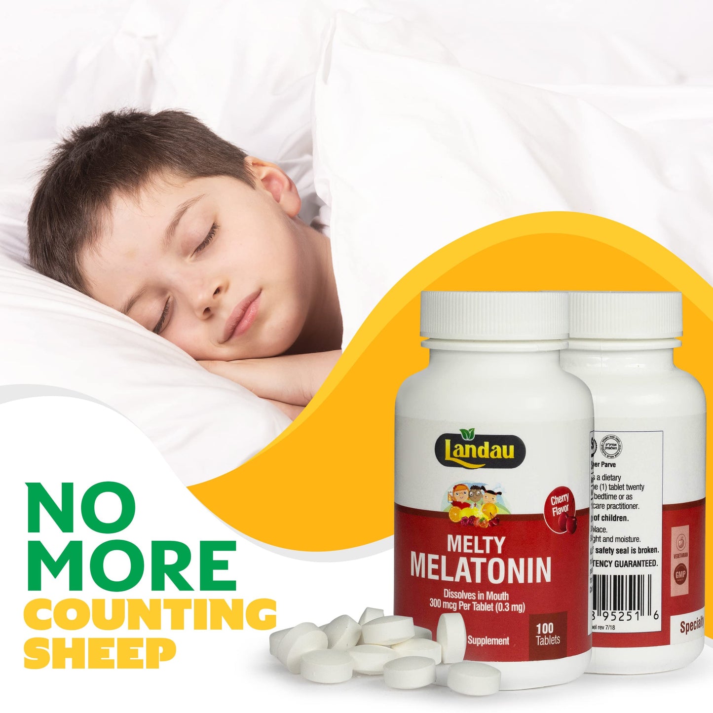 Landau Melty Melatonin 0.3mg (300 mcg) – Cherry, Fast-Dissolving Sleep Aid | 100 Tablets, Kosher, Made in USA