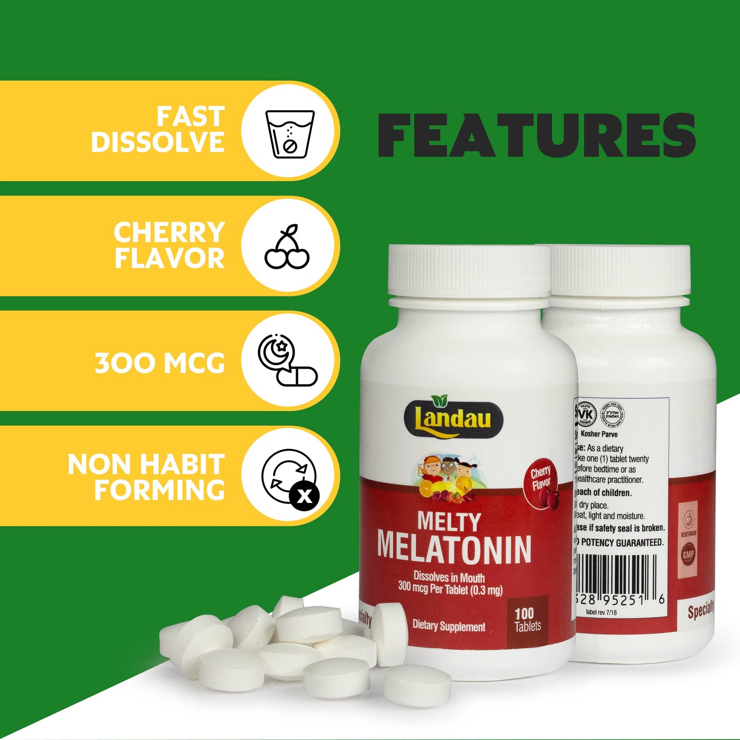 Landau Melty Melatonin 0.3mg (300 mcg) – Cherry, Fast-Dissolving Sleep Aid | 100 Tablets, Kosher, Made in USA