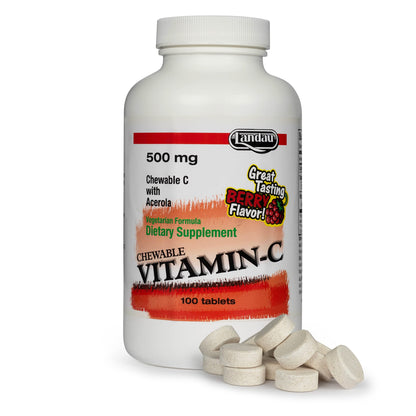 Landau 500mg Vitamin C Chewables – Berry Flavor, Kosher & Made in USA (100 Tablets)