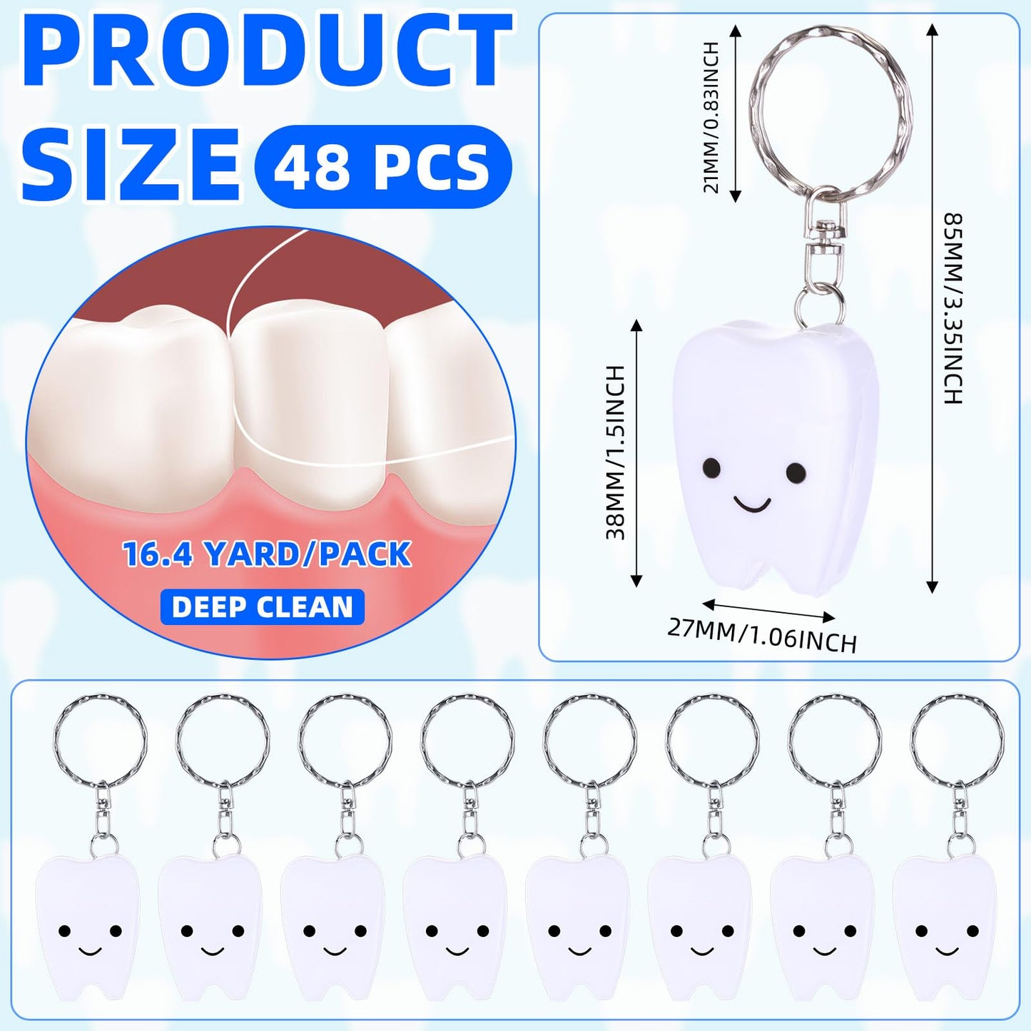 Landical 48 Pcs Mini Dental Floss Keychain – Tooth-Shaped Mint Floss 15 m (16.4 yd)