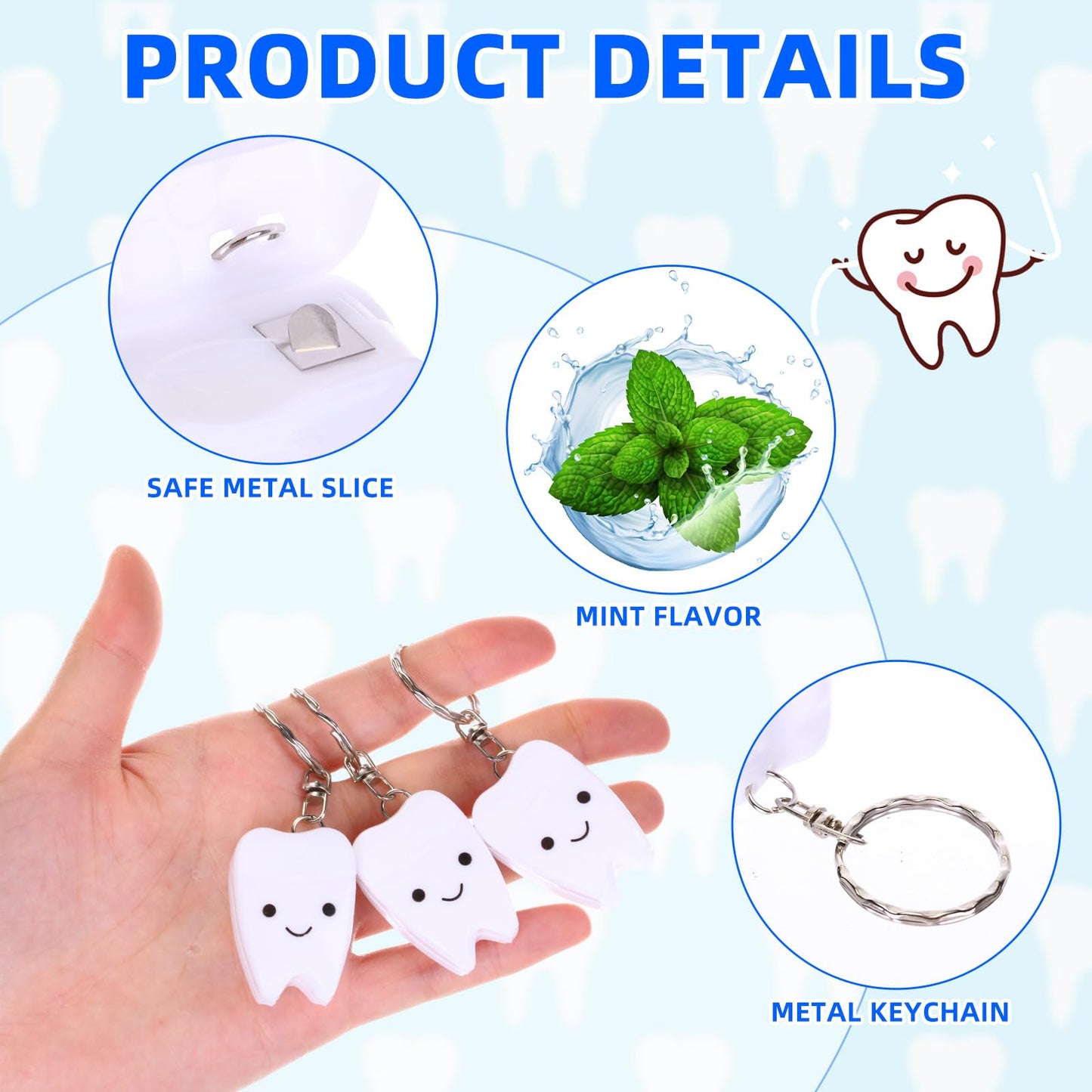 Landical 48 Pcs Mini Dental Floss Keychain – Tooth-Shaped Mint Floss 15 m (16.4 yd)