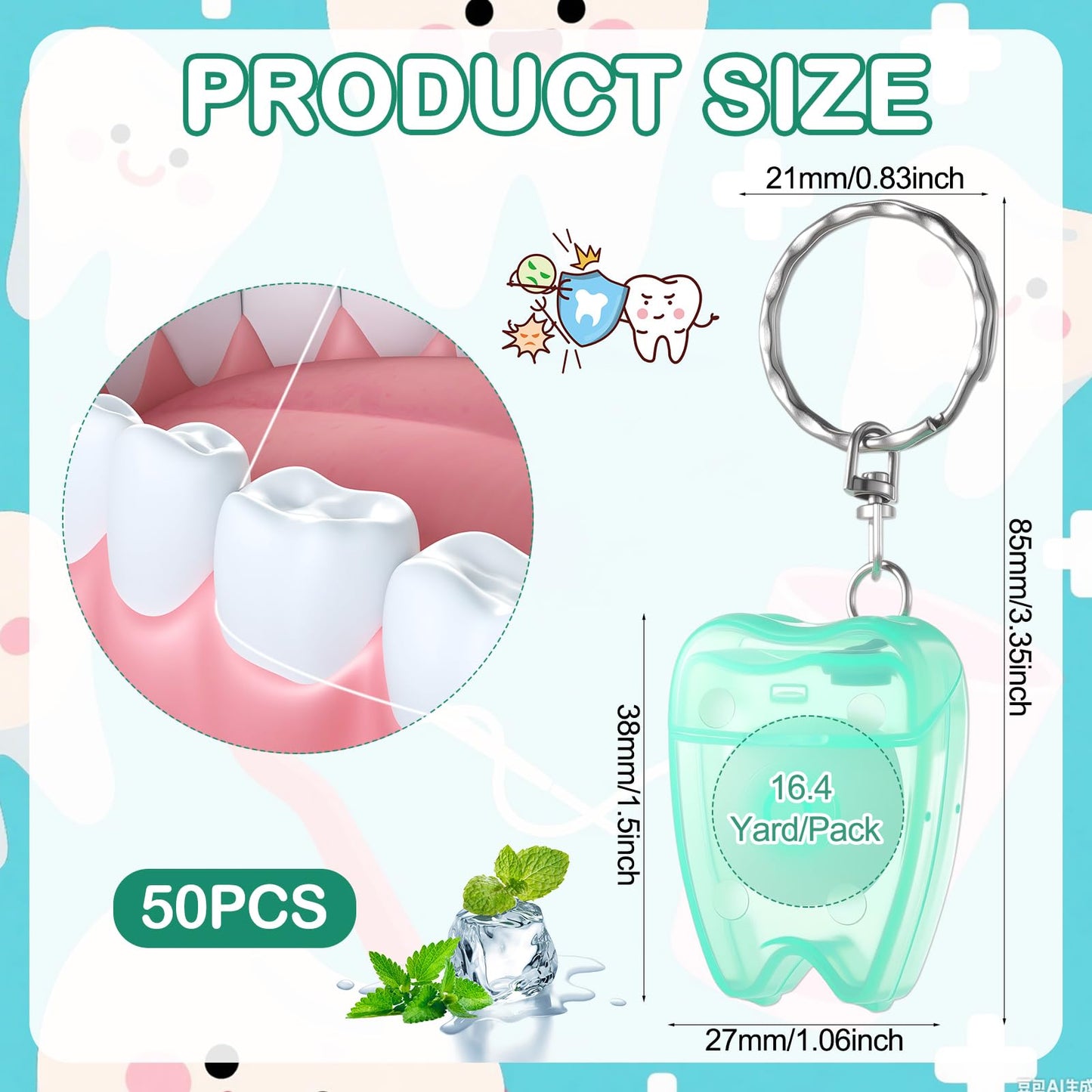 Landical 50 Pcs Mini Dental Floss Keychain – Mint Green, 16.4 yd (15 m) Each