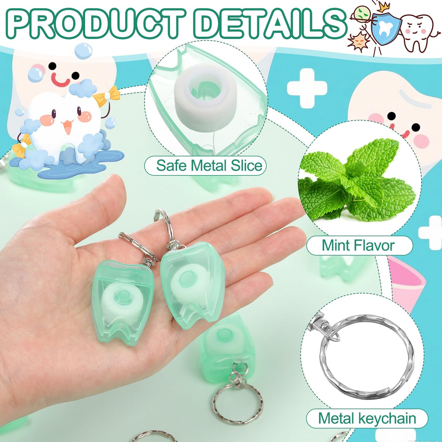 Landical 50 Pcs Mini Dental Floss Keychain – Mint Green, 16.4 yd (15 m) Each