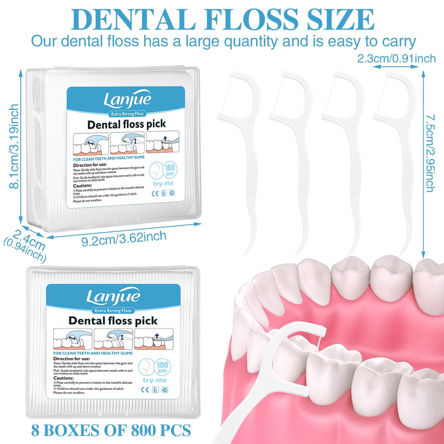 Lanjue 800 Count Dental Floss Picks – 8 Boxes, Travel 2-in-1 Toothpicks