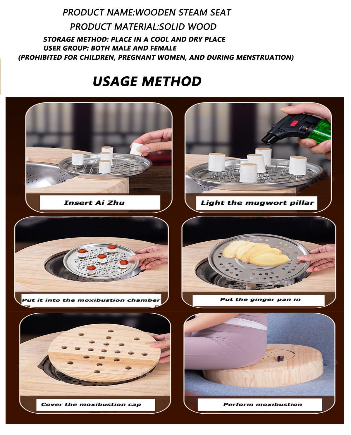LANYANZI Smokeless Moxa Cone Burner Box – Wood Moxibustion Stool for Hips & Abdomen