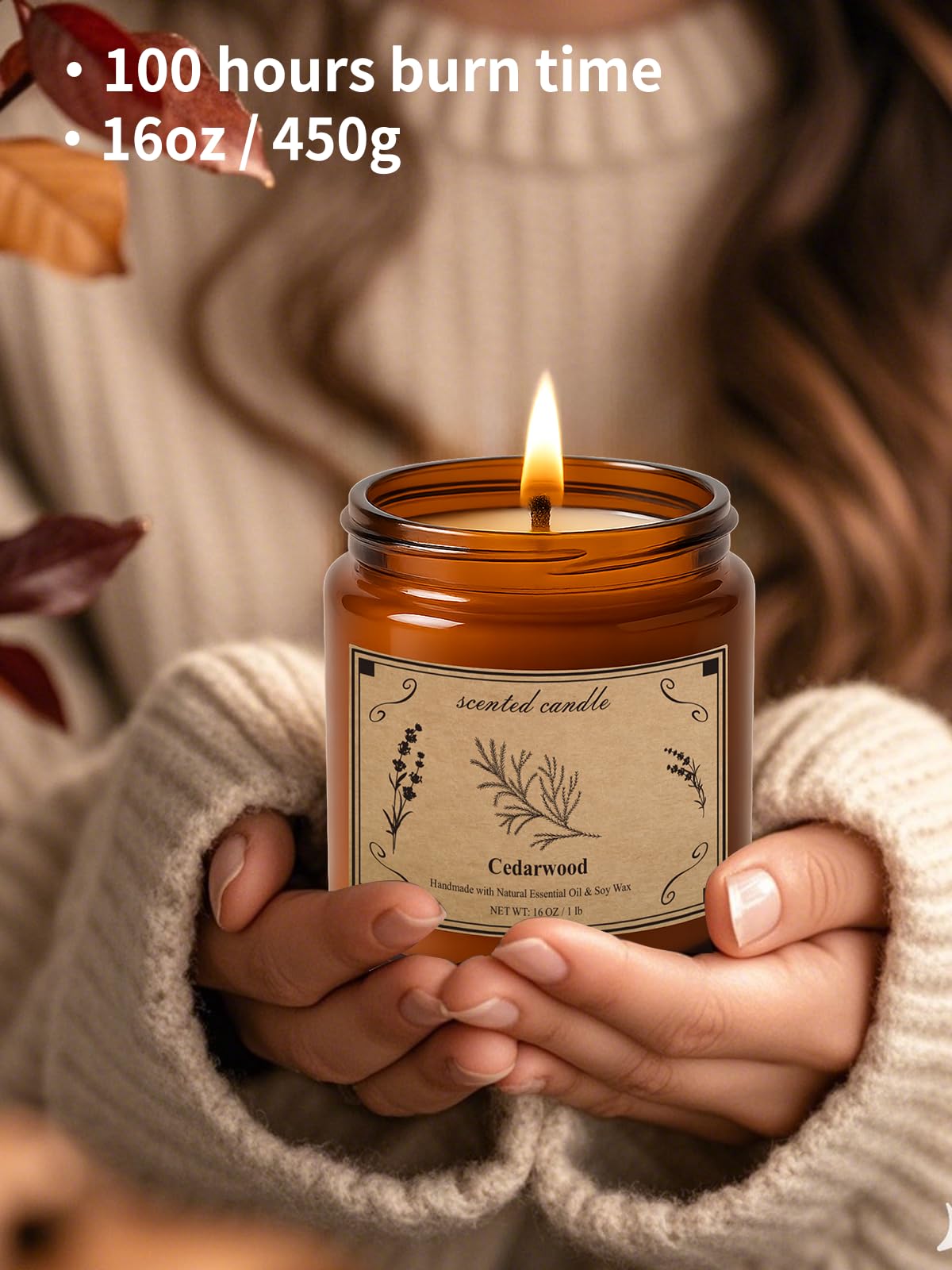 Cedarwood Soy Wax Candle 16oz – 100 Hour Burn Time, Aromatherapy & Cozy Home Fragrance