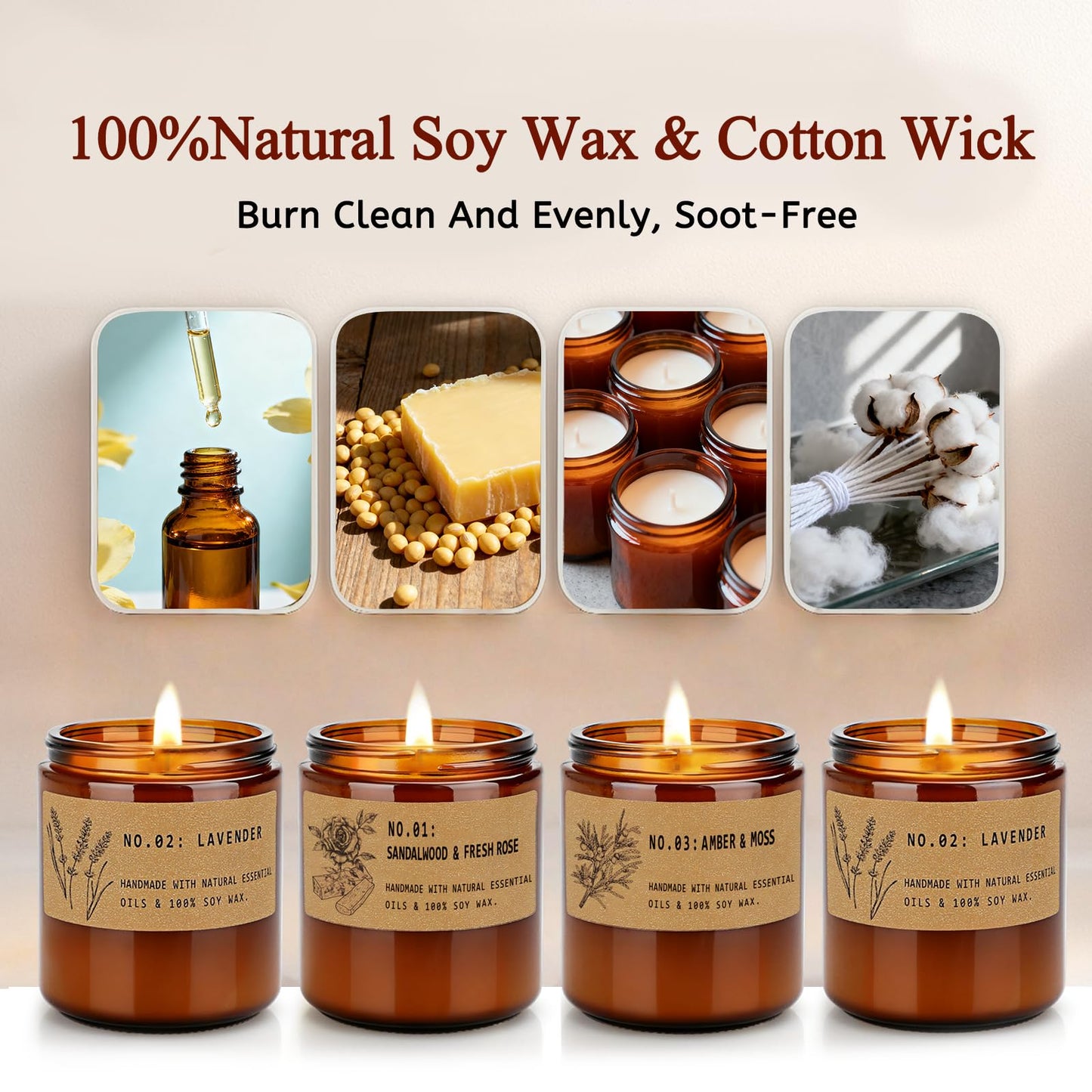 Large 9 oz Scented Candle Gift Set – 10% EO, Amber Jars (4-Pack)