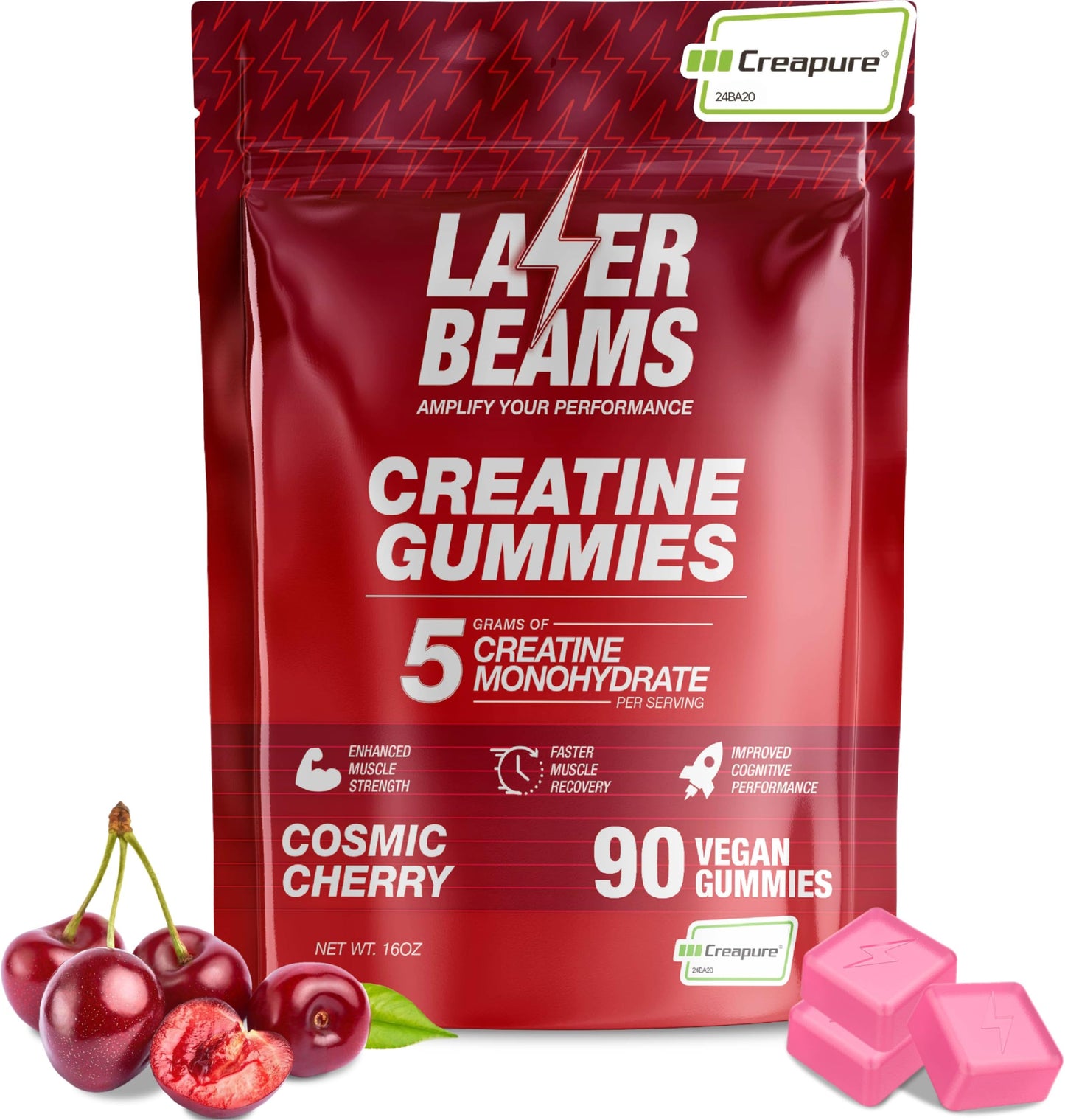Laser Beams Creatine Monohydrate Gummies for Women & Men - 5g Creapure Creatine per Serving - Vegan, Cosmic Cherry Flavor - Boost Muscle Strength, Endurance, Recovery & Mental Focus (90 Gummies)