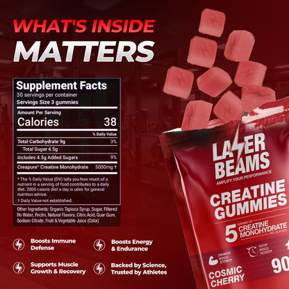 Laser Beams Creatine Monohydrate Gummies for Women & Men - 5g Creapure Creatine per Serving - Vegan, Cosmic Cherry Flavor - Boost Muscle Strength, Endurance, Recovery & Mental Focus (90 Gummies)