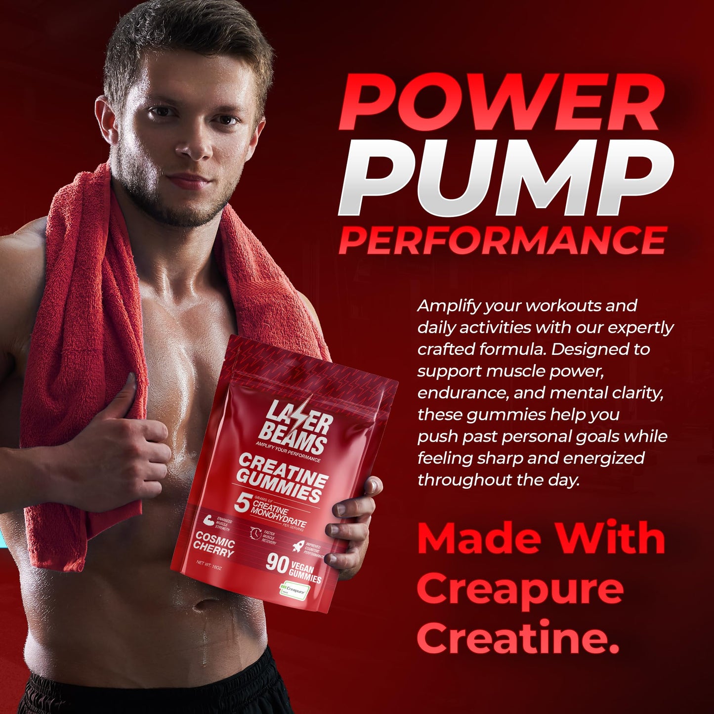 Laser Beams Creatine Monohydrate Gummies for Women & Men - 5g Creapure Creatine per Serving - Vegan, Cosmic Cherry Flavor - Boost Muscle Strength, Endurance, Recovery & Mental Focus (90 Gummies)