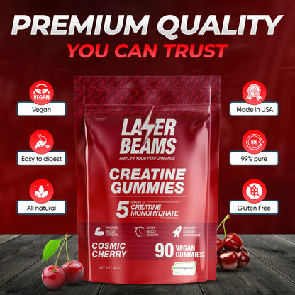 Laser Beams Creatine Monohydrate Gummies – 5g Creapure per Serving, Vegan & Gluten-Free (Strawberry)